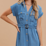 Chambray Collared Button Down Belted Midi Dress