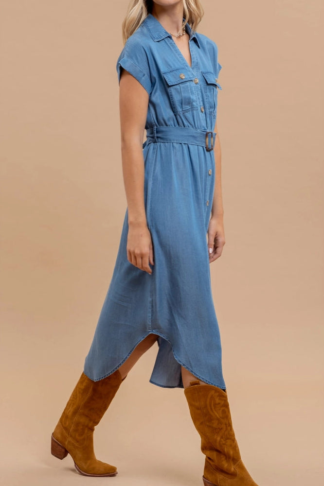 Chambray Collared Button Down Belted Midi Dress