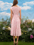 Floral V Neck Smocked Short Sleeve Midi Dress (Pink)
