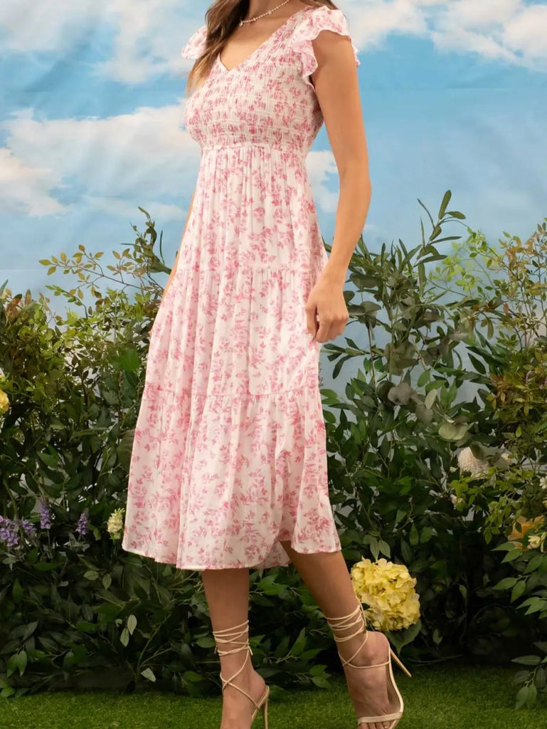 Floral V Neck Smocked Short Sleeve Midi Dress (Pink)