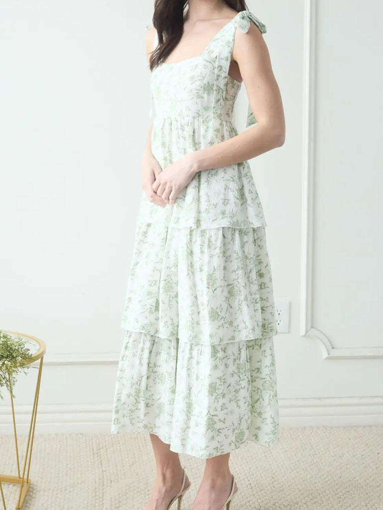 Floral Tie Strap Ruffle Tiered Midi Dress (Sage)