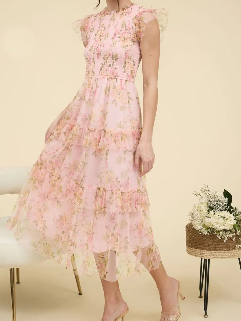 Floral Smocked Ruffle Detail Tiered Maxi Dress (Pink)