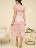 Floral Smocked Ruffle Detail Tiered Maxi Dress (Pink)
