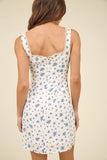 Floral Square Neck Lace Trim Front Tie Mini Dress (Blue)