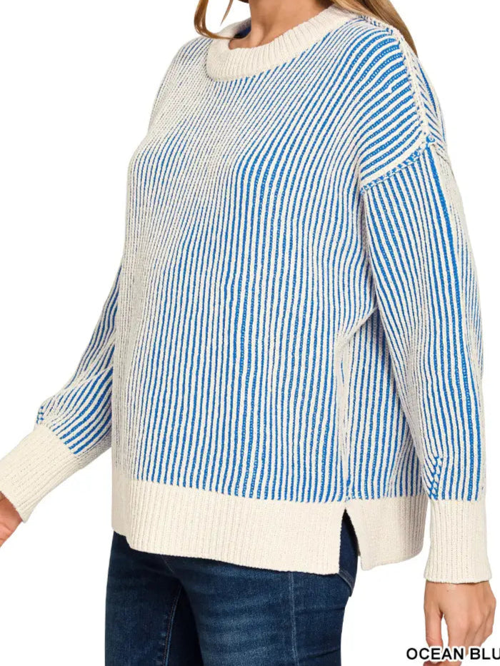 Two Tone Crewneck Sweater- Ocean Blue
