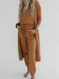 Textured Jumpsuit and Cardigan Set - Camel