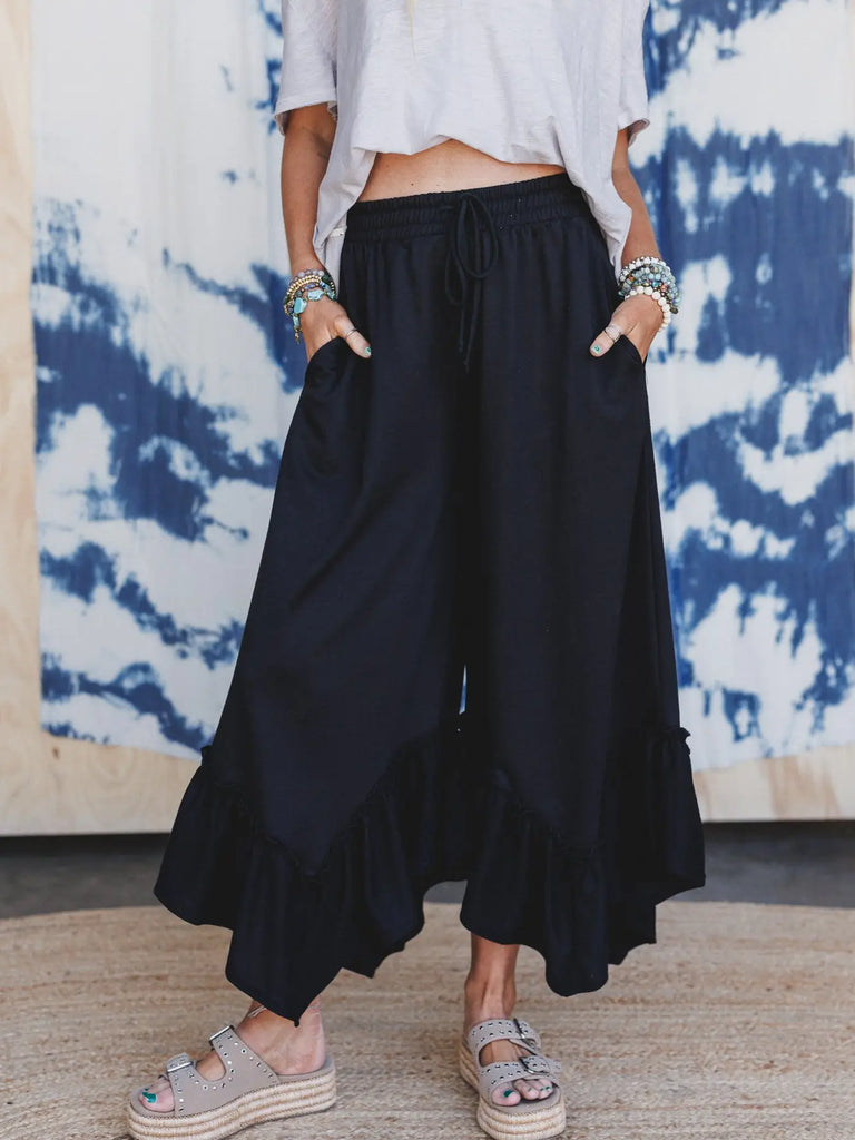Serene Flow Ruffled Pants - Black