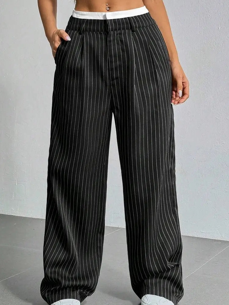 High Waisted Striped Loose Straight-Leg Trousers