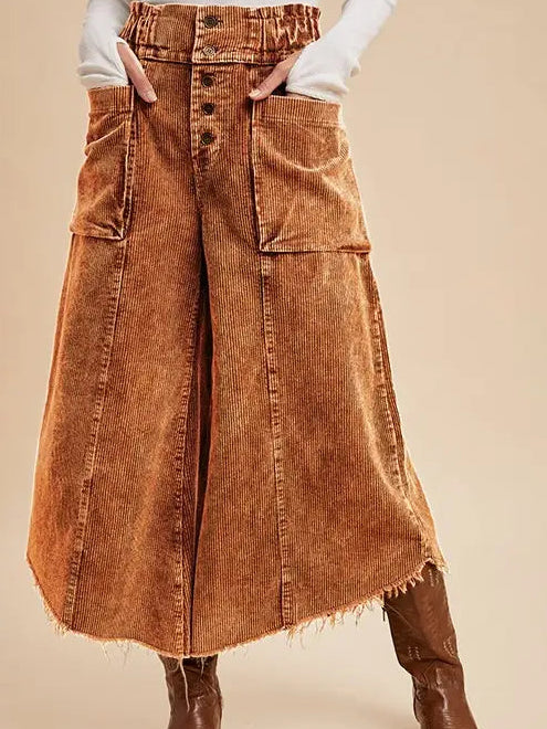 Mineral Wash Cropped Fray Hem Corduroy Wide Pants