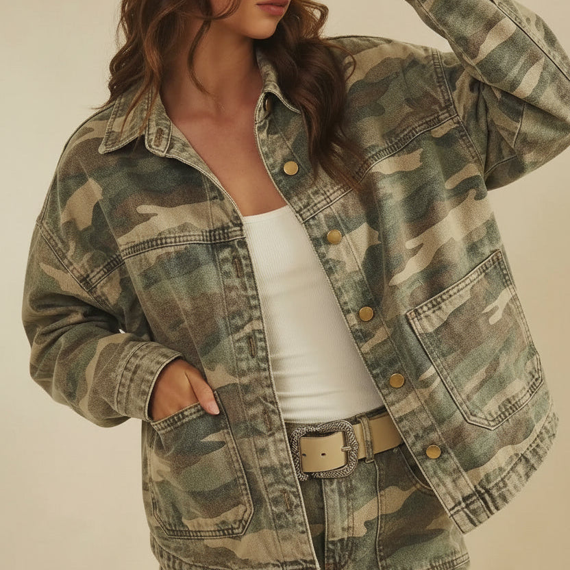 Vintage Washed Camo Denim Jacket with Square Pocket
