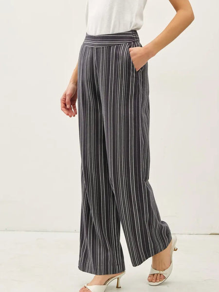 Striped Cotton Blend Straight Leg Pants in Charcoal