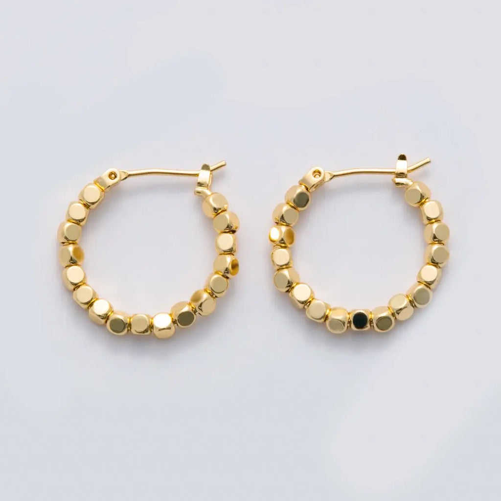 24K Gold Filled Cube Bead Latch Hoop Earrings