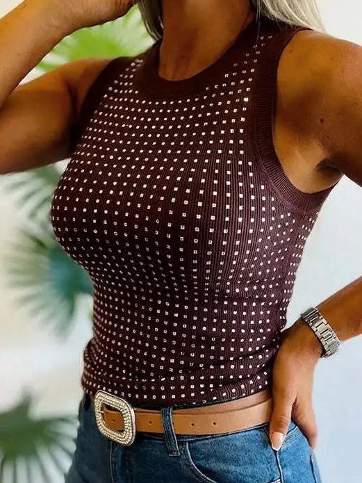 Rhinestone Embellished Tank Top Ribbed Crop Top (Brown)