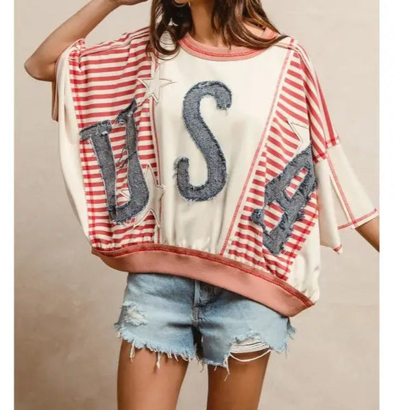 Washed Denim USA Patchwork Stripes Top
