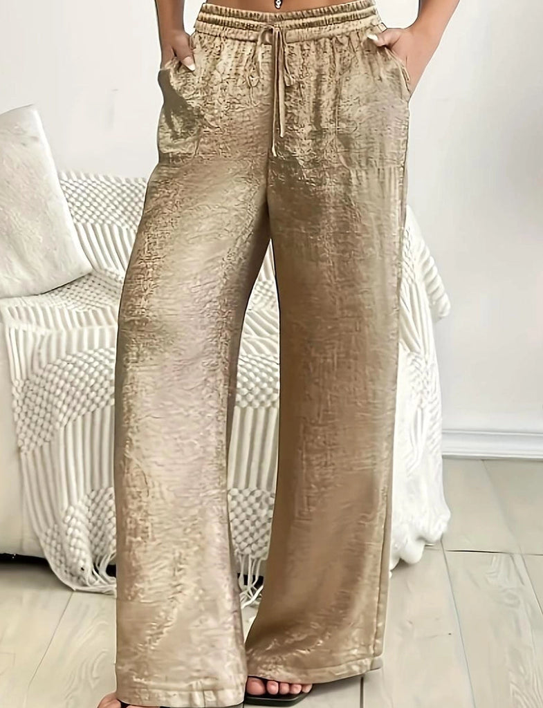 Drawstring Metallic Wide-Leg Pants- Gold