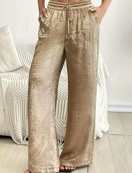 Drawstring Metallic Wide-Leg Pants- Gold