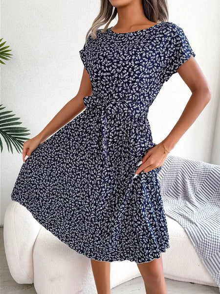 Navy Floral Pleated Dress Casual Short Sleeve Crew Neck