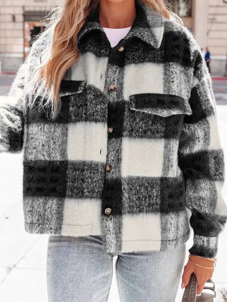 Plaid Button-Up Cropped Wool Blend Jacket with Pockets