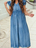 Ruffled Short Sleeve Wide Leg Denim Jumpsuit