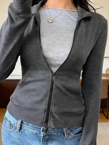 Striped Zipper Large Pocket Fitted Active Wear Jacket