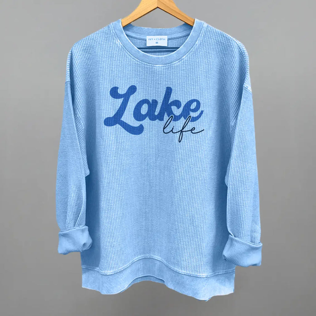 "Lake Life" corded crew sweatshirt in Pacific Blue