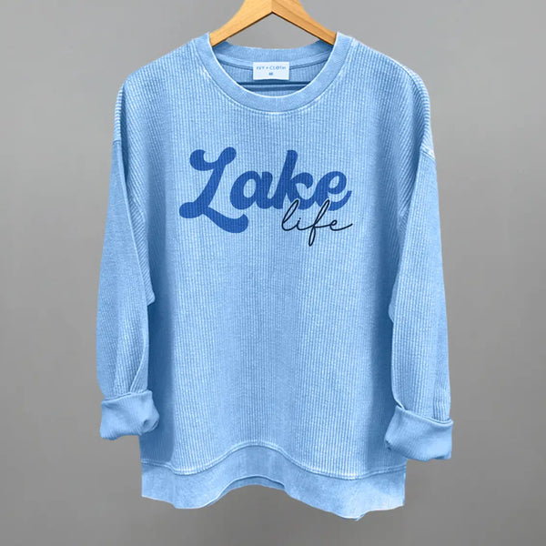 "Lake Life" corded crew sweatshirt in Pacific Blue