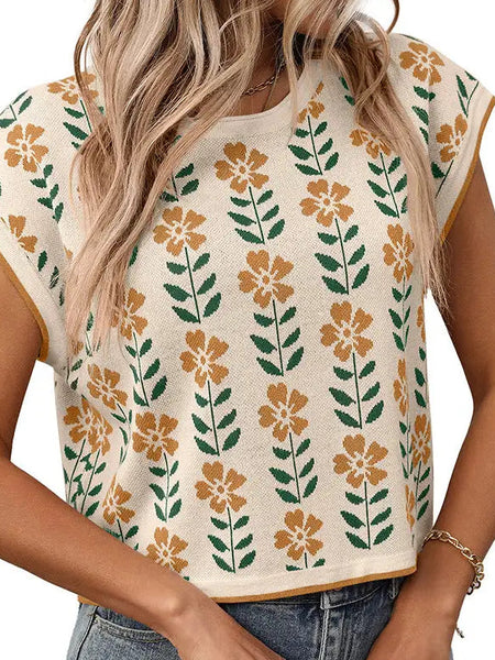 Vintage Floral Crew Neck Knit Crop Top Short Sleeve
