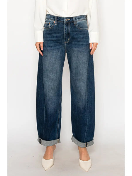 Artemis High Rise Relaxed Tapered Dark Wash Barrel Jeans