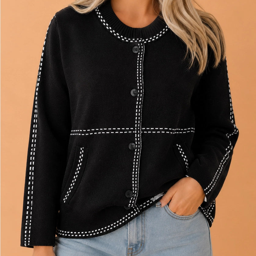 Black Contrast Trim Button-Up Sweater