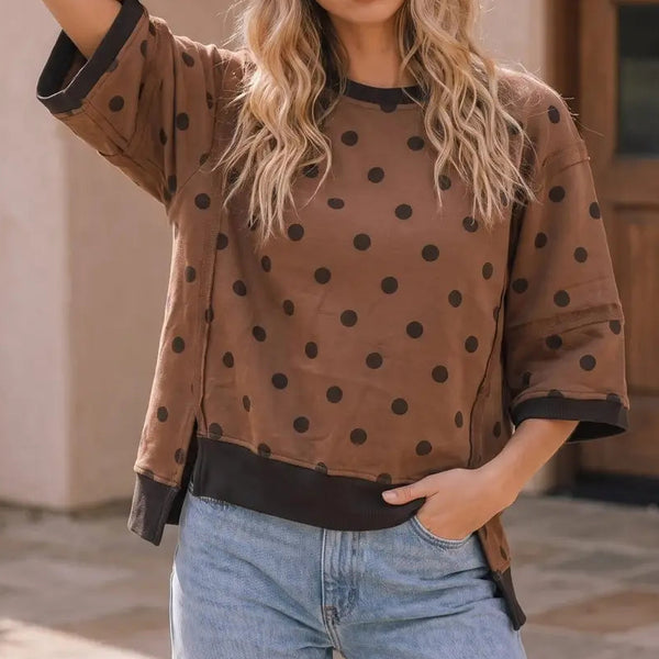 Mocha Polka Dot Oversized Contrast Top