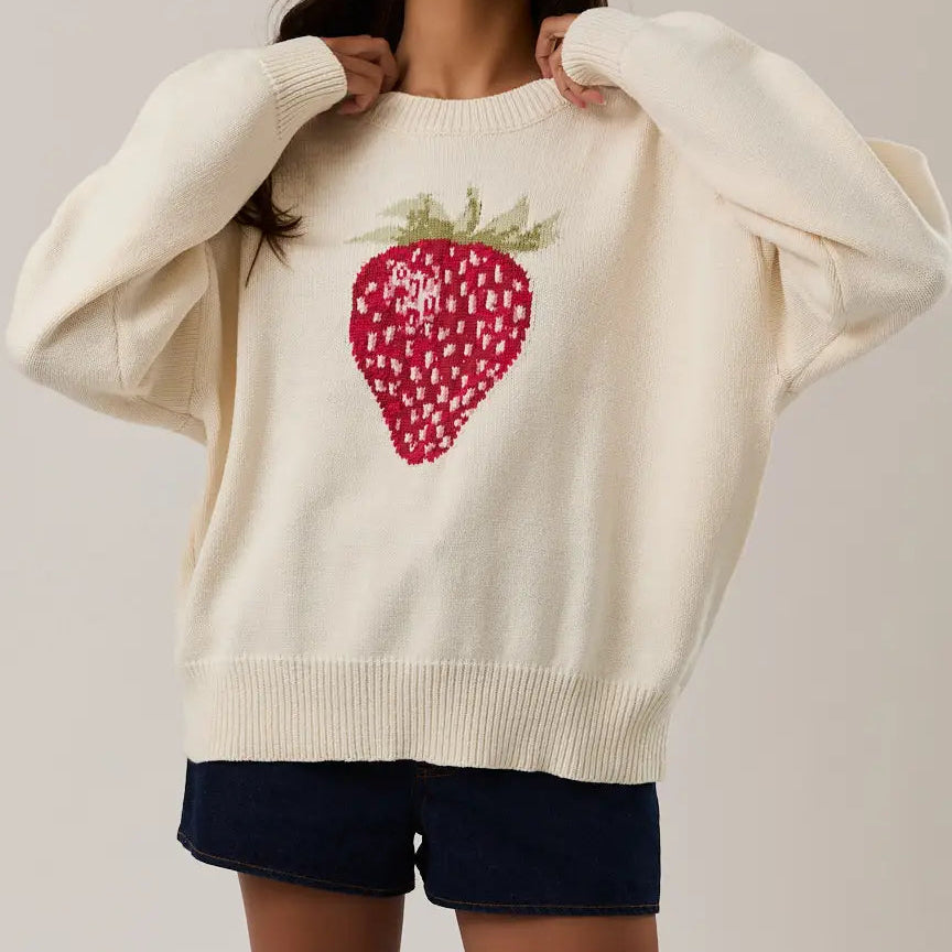 Long Sleeve Crew Neck Strawberry Sweater