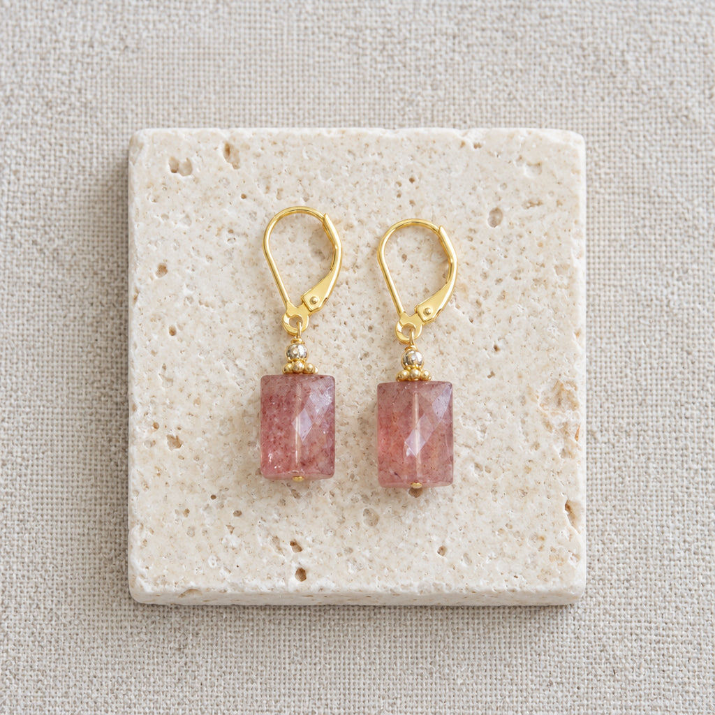 Lotus "Solara" Gold Plated Earrings in Strawberry Quartz
