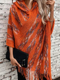 Striped Hooded Knitted Fringed Cape Shawl
