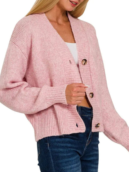 Three Button Sweater Cardigan- Rose Pink