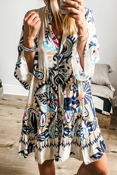 White Printed Bracelet Sleeve Mini Dress
