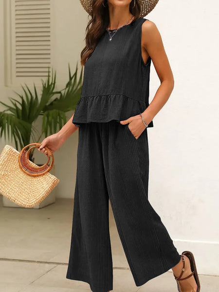 Duffel Black Ribbed Ruffle Tank Top and Pants Set