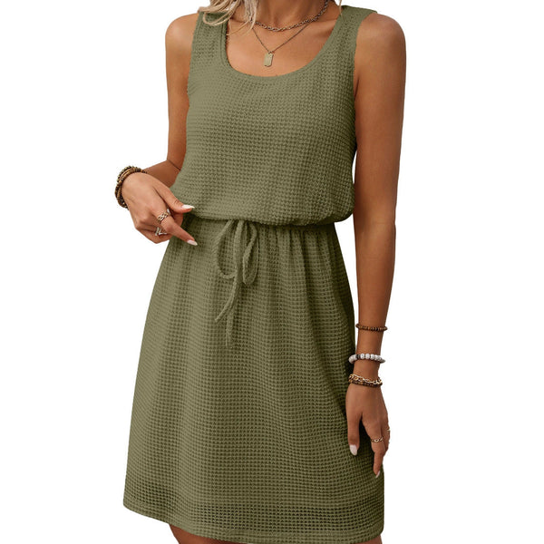Textured Sleeveless Drawstring Waist Mini Dress Lined