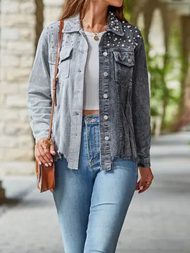 Distressed Two Tone Denim Corduroy Studded Jacket