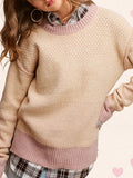 Loose Fit Color Block Round Neck Sweater (Beige/Pink)