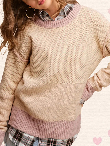 Loose Fit Color Block Round Neck Sweater (Beige/Pink)