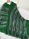 Striped Hooded Knitted Fringed Cape Shawl