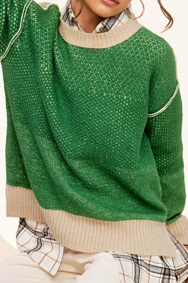 Loose Fit Color Block Round Neck Sweater (Beige/Green)