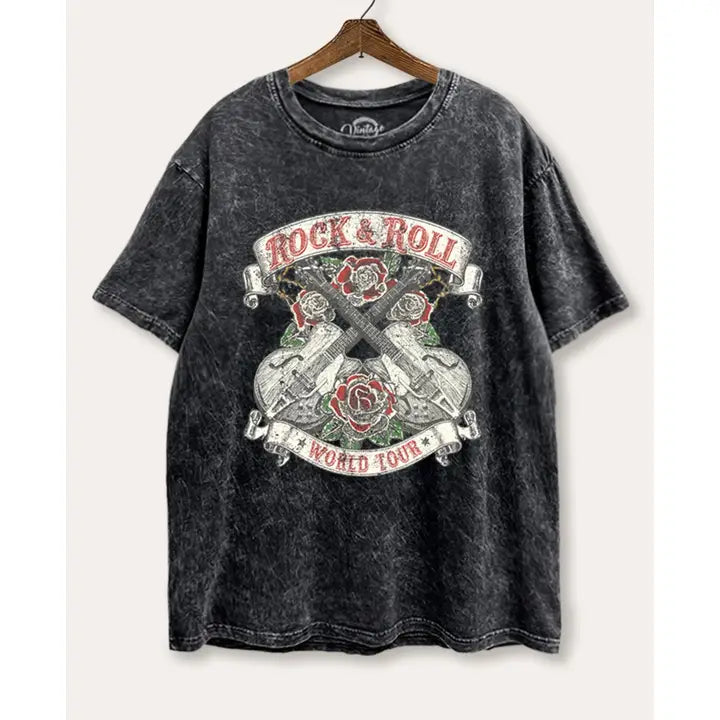 Rock & Roll Tour Graphic Mineral Wash Boxy Tee (Washed Black)