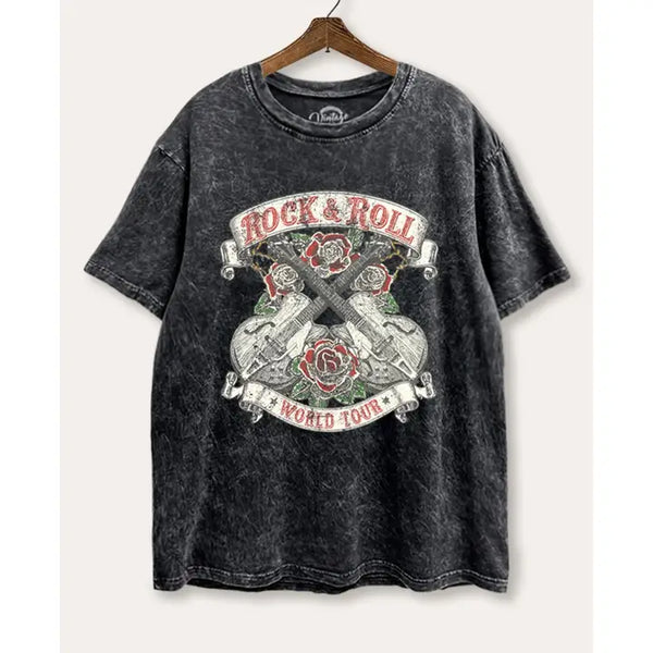 Rock & Roll Tour Graphic Mineral Wash Boxy Tee (Washed Black)