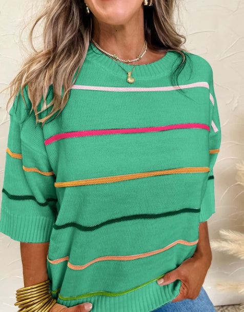 Colorblock Striped Half Sleeve Drop Shoulder Sweater