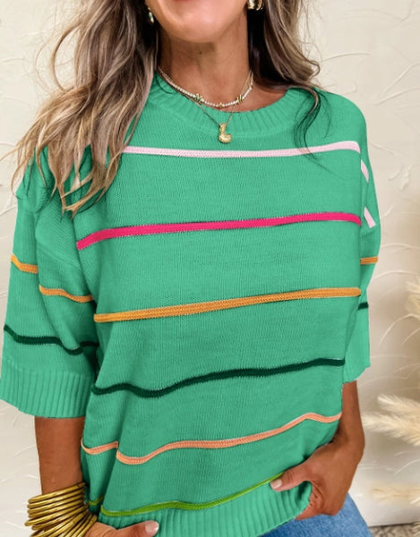 Colorblock Striped Half Sleeve Drop Shoulder Sweater