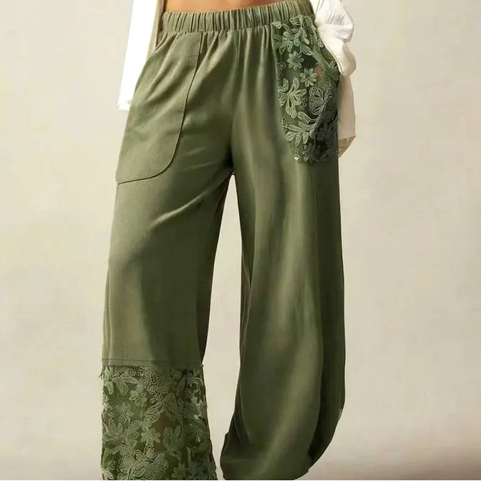 High Waist Embroidered Lace Patchwork Pants (Olive)