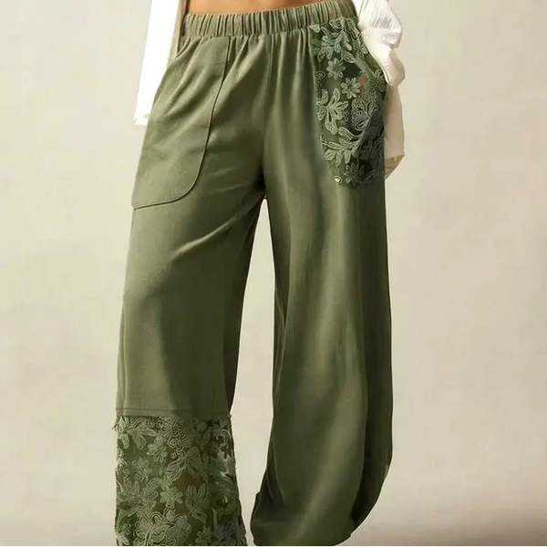 High Waist Embroidered Lace Patchwork Pants (Olive)