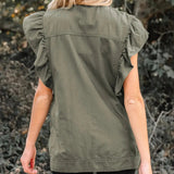 Ruffled Patchwork Denim Jacket Vest in Green