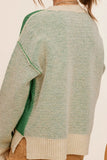 Loose Fit Color Block Round Neck Sweater (Beige/Green)